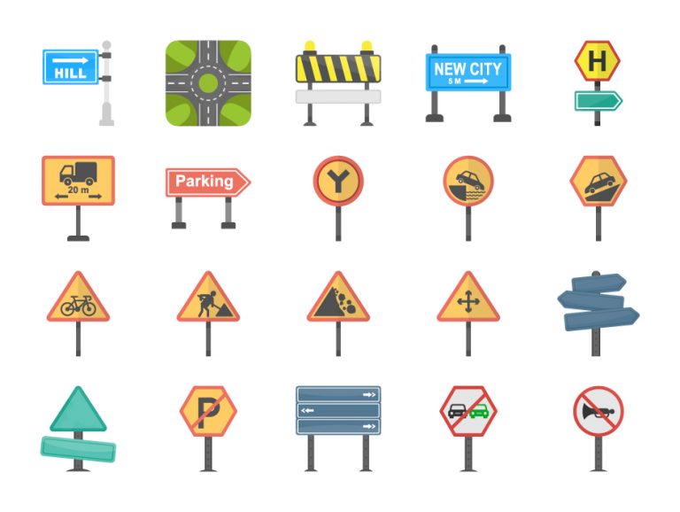Flat Road Signs Set
